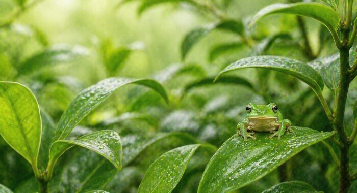 Grüner Laubfrosch im Regenwald zwischen Blättern - über 23 Jahre Leidenschaft für artgerechte Terraristik bei terraristikshop.business